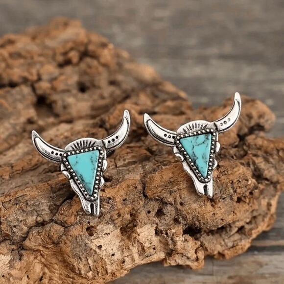 Western Cowboy Turquoise Longhorn Bull Steer Head Dangle Earrings - Picture 5 of 7